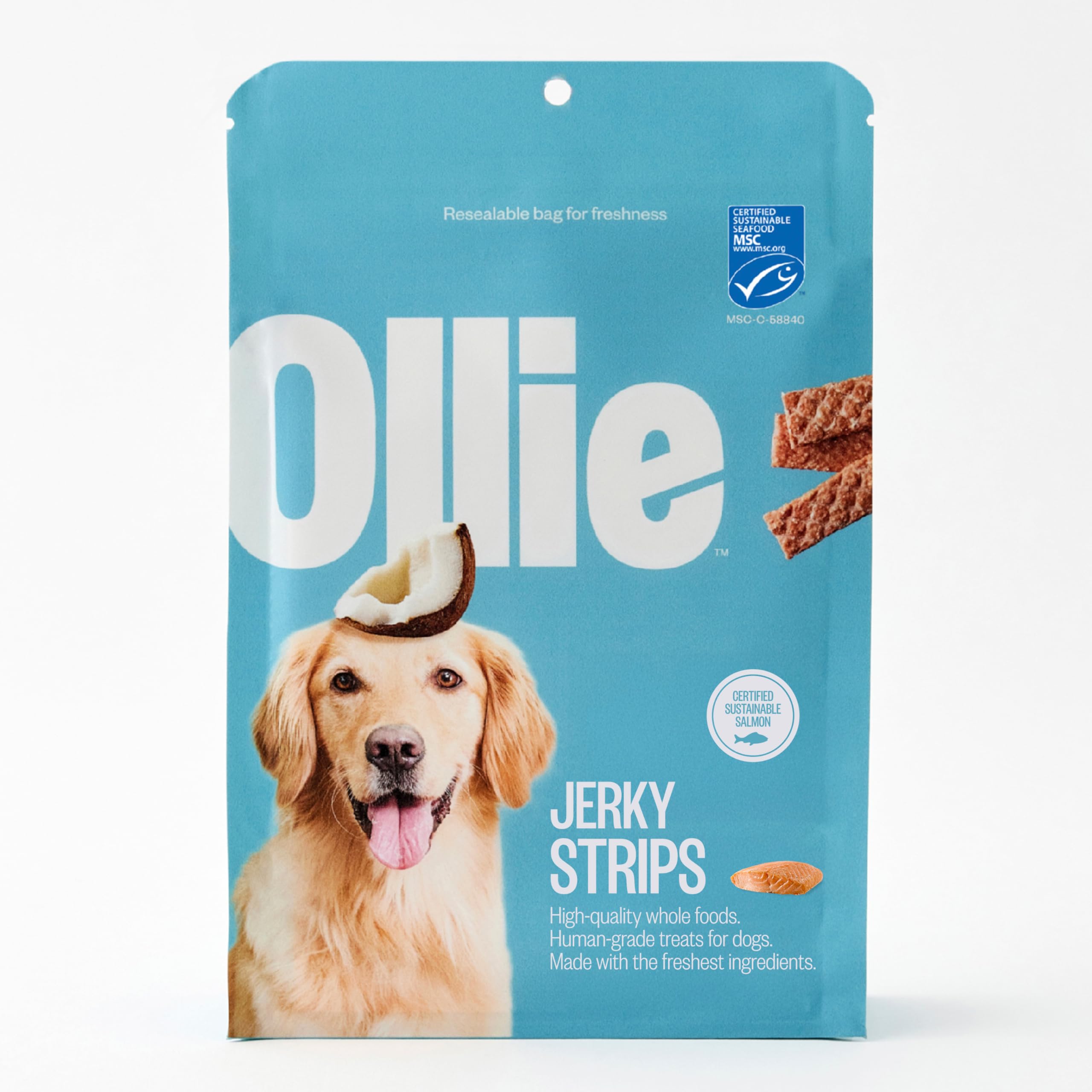 Ollie friandise saumon-noix-de-coco en morceaux, récompense naturelle.