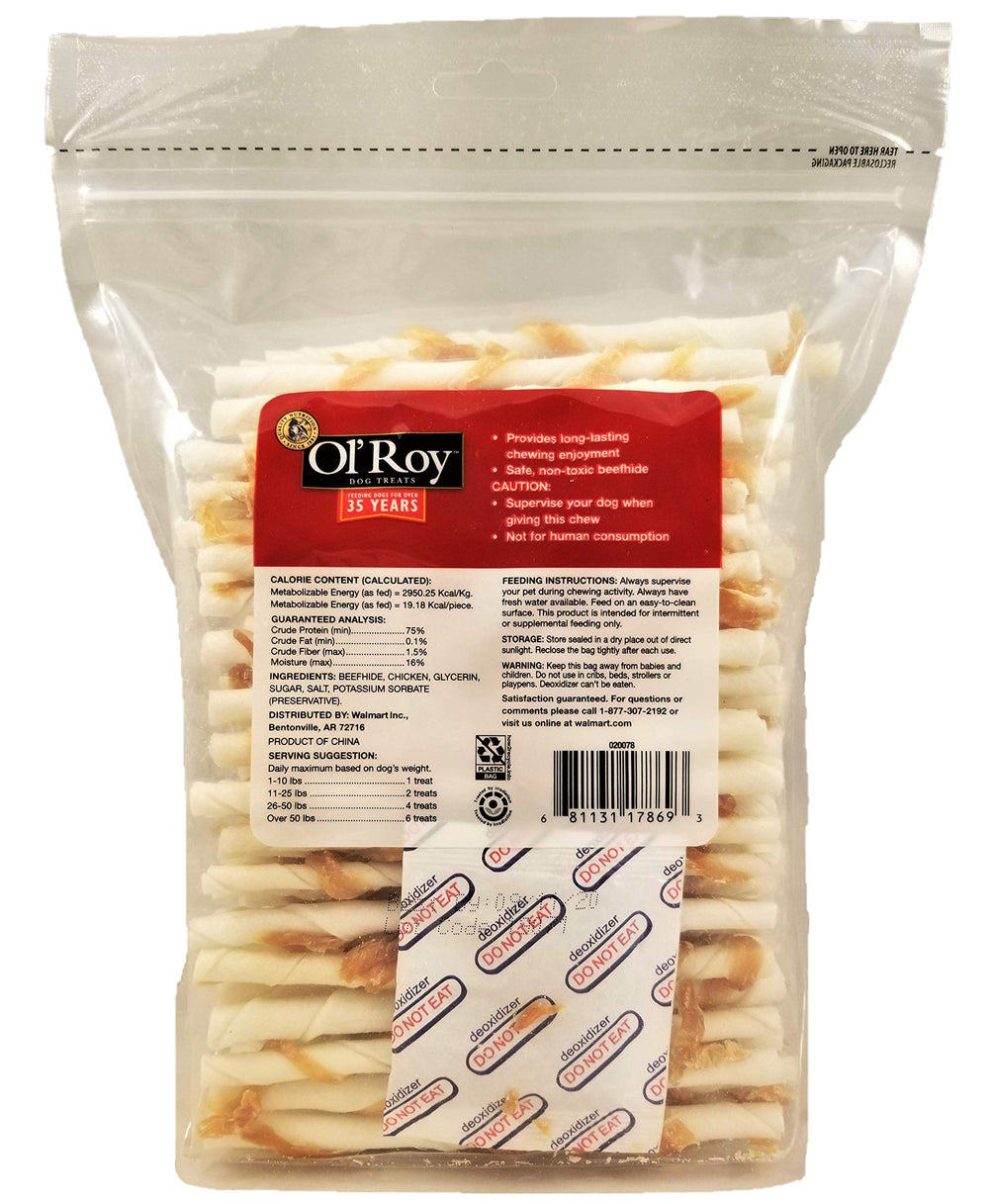 Gros plan sur les torsades de poulet Ol'Roy, saveur attrayante et texture à mâcher.