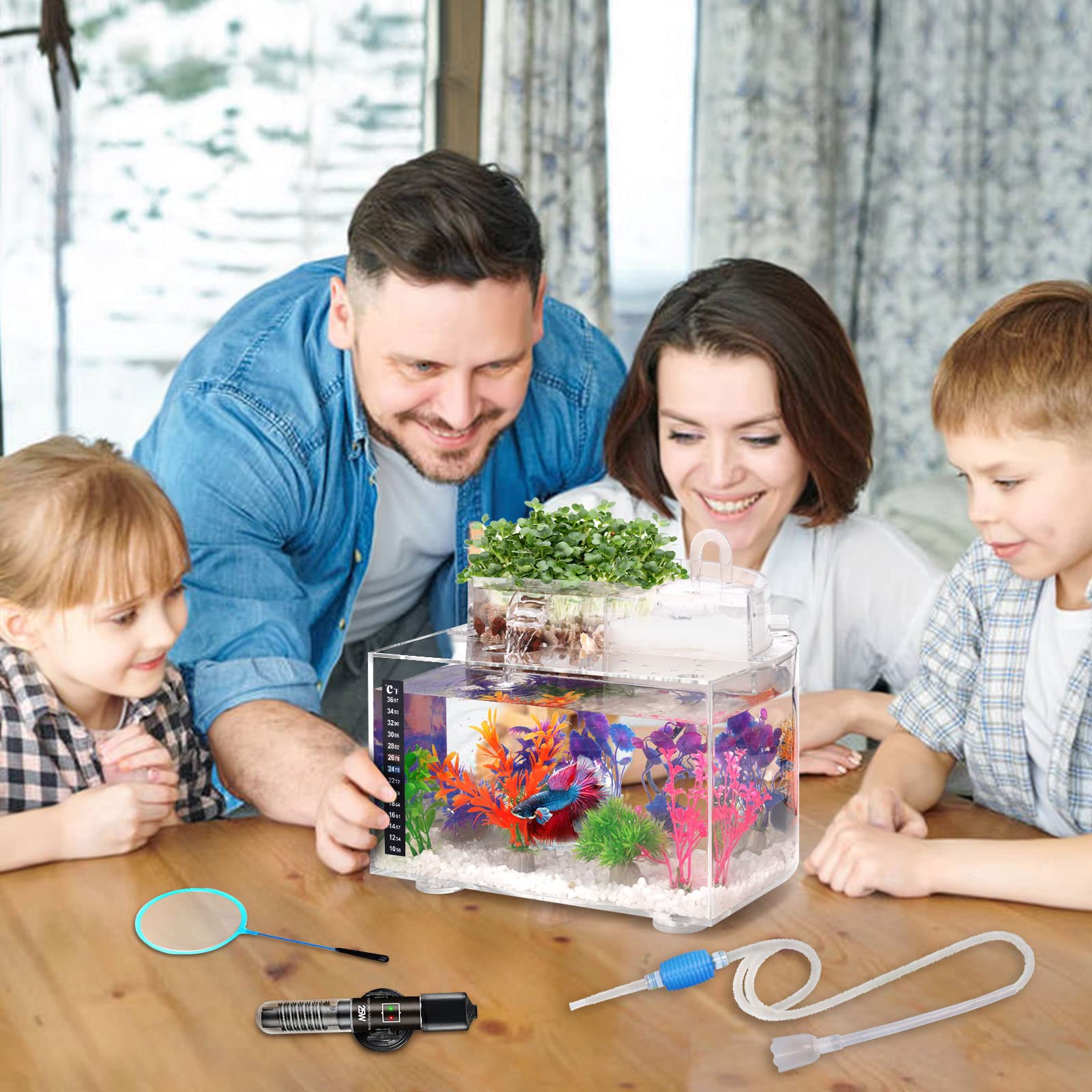 Oltraman Betta avec éclarage LED pour mettre en valeur poissons et plantes.
