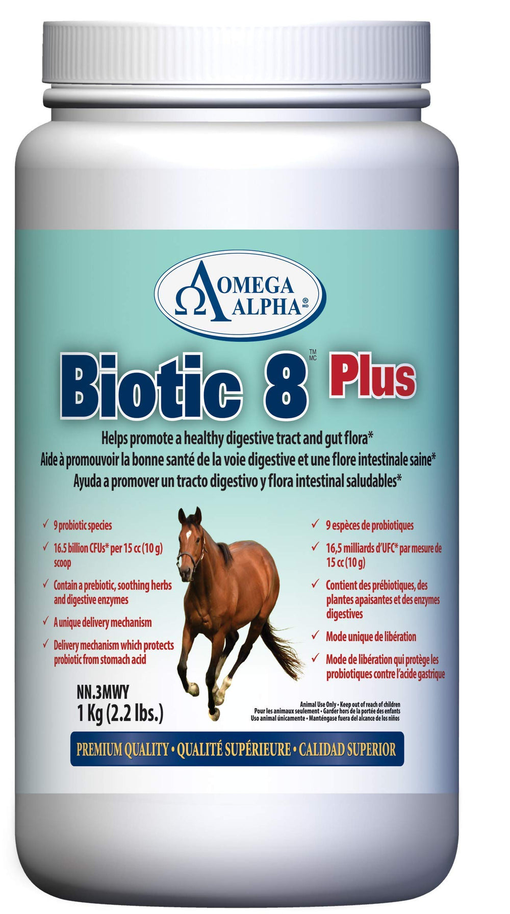 Omega Alpha Biotic 8 bouteille—probiotique pour cheval soutenant la flore intestinale