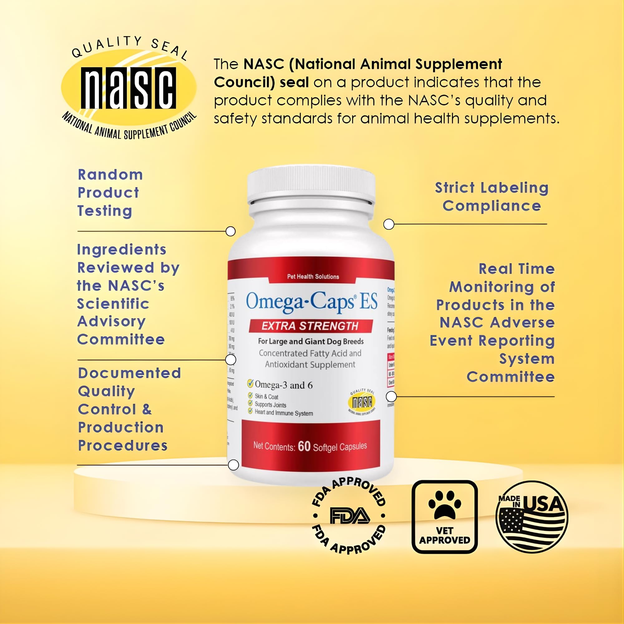 Omega Caps ES contient Omega-3 et Omega-6 pour les grands chiens.