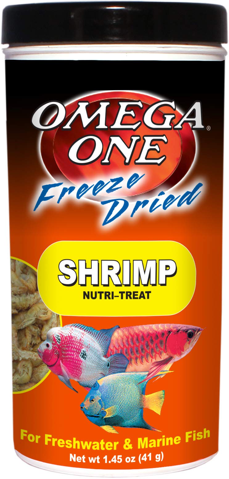 Omega One crevettes lyophilisees en bouteille, riche en protéines pour l'alimentation des poissons.
