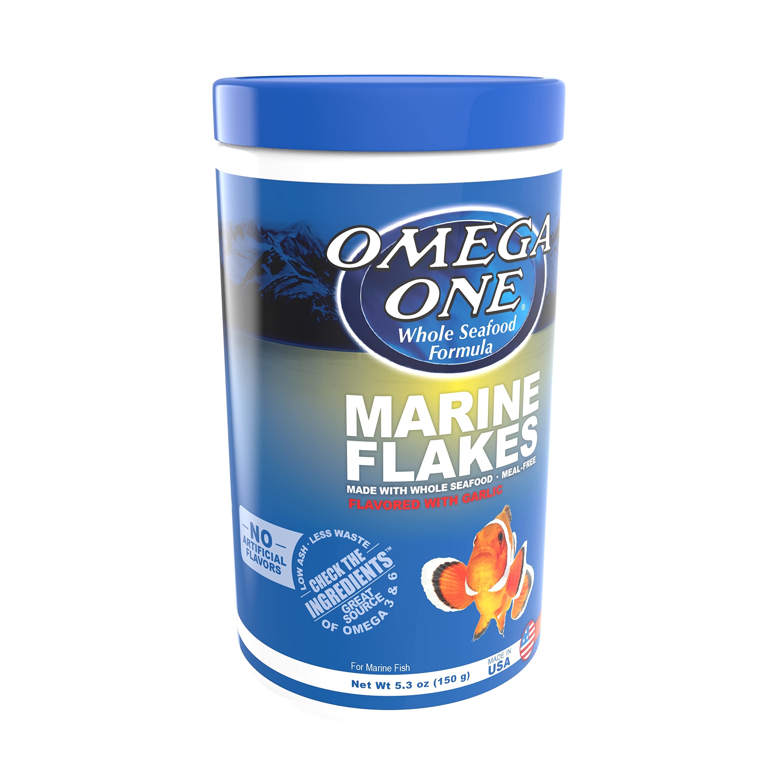 Omega One Garlic Marine Flakes dans le bocal, alimentation équilibrée pour les poissons.