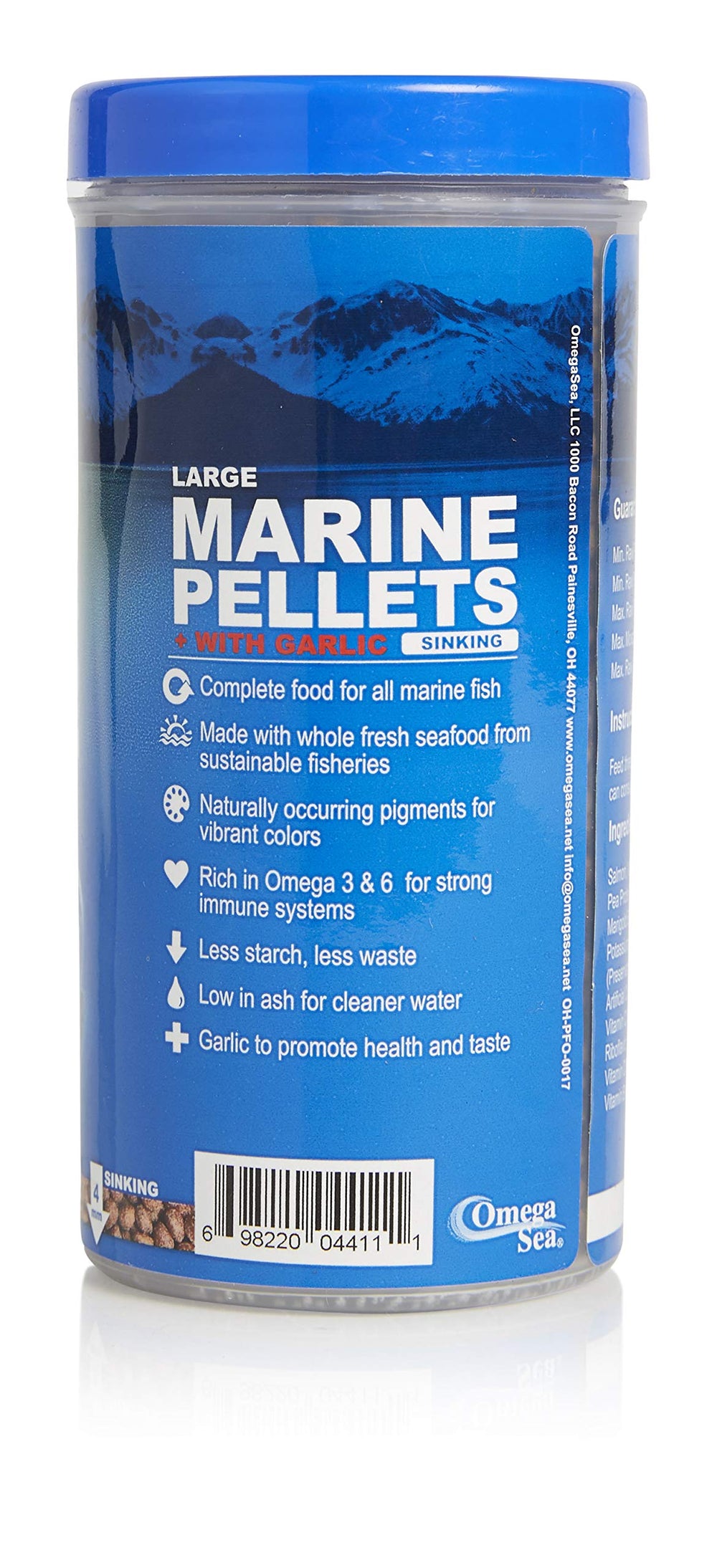 Omega One alimentation pour poissons, granulés marins à l’ail, pratique.
