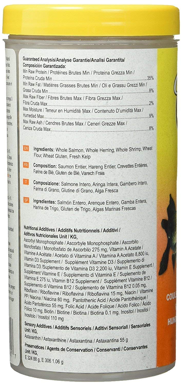 Omega One pellets pour poissons rouges, bocal clair révélant fraîcheur et appétence naturelle pour vos poissons.