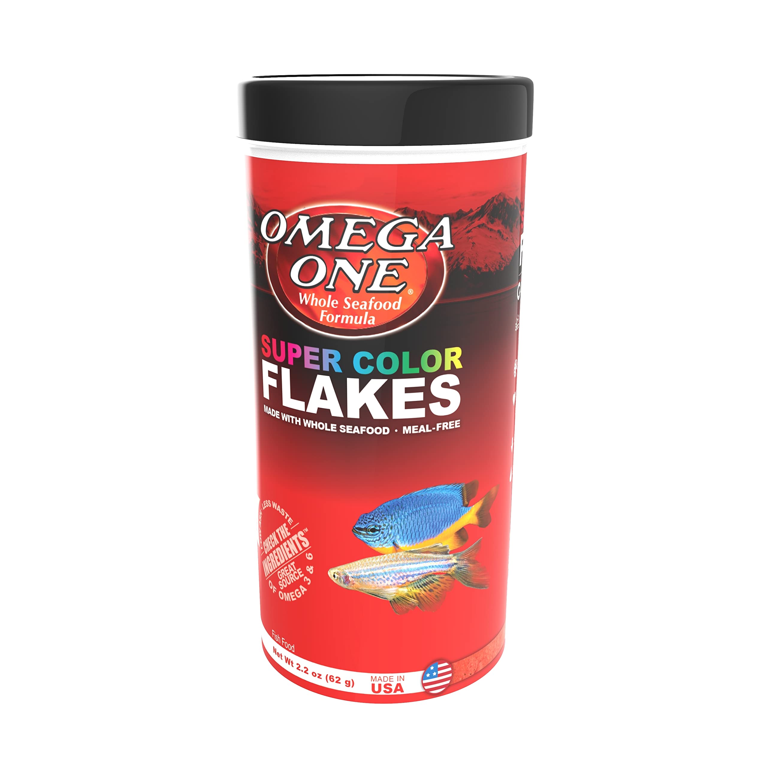 Omega One Super Color Flakes, granules couleur vive pour nourrir vos poissons.