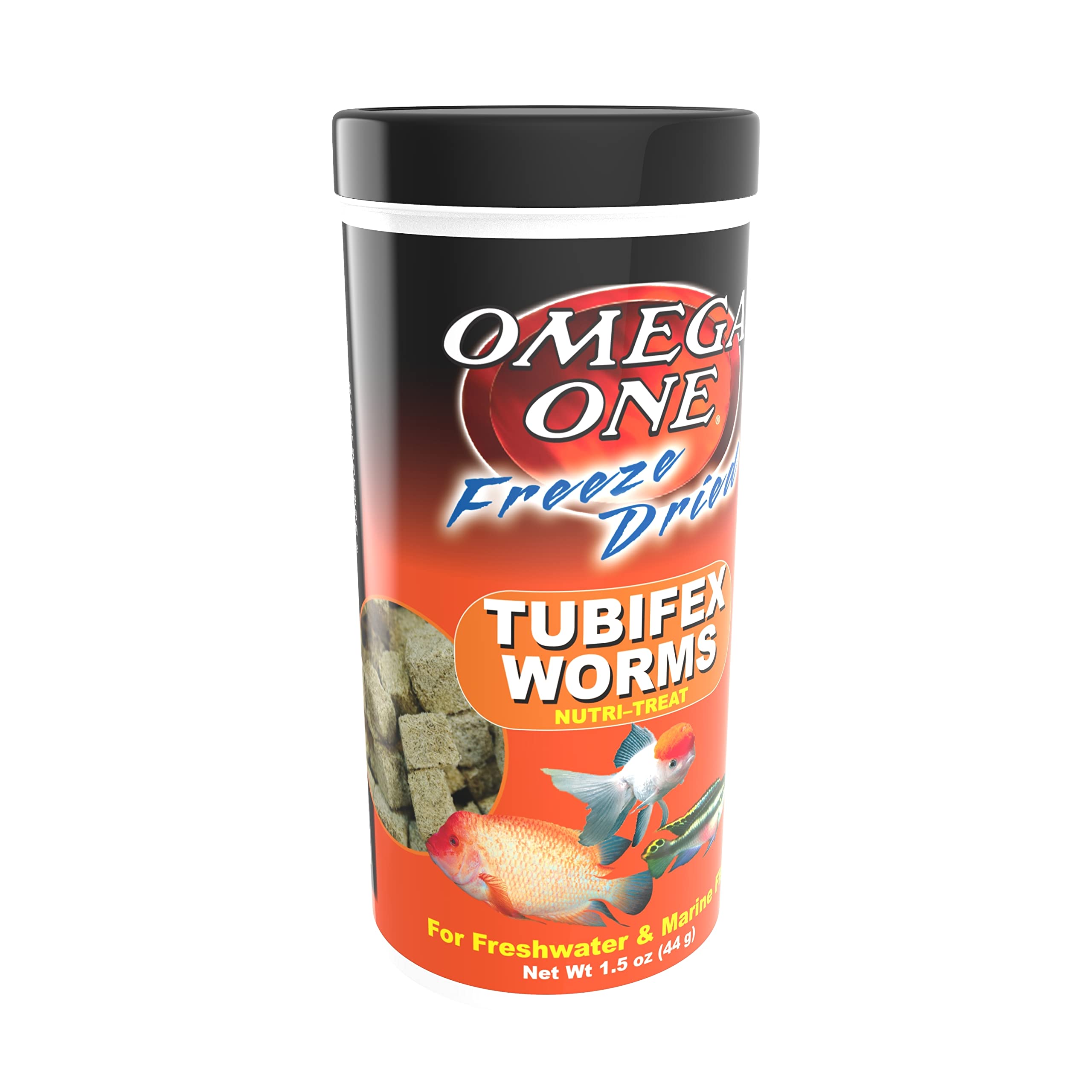 Omega One tubifex séchés bocal ouvert, pratique pour nourrir vos poissons
