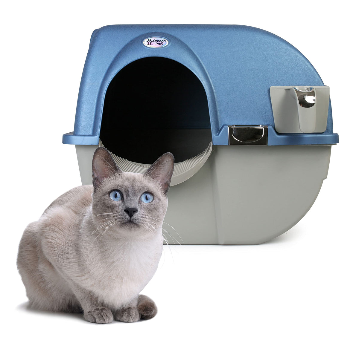 Omega Paw Roll 'n Clean – boîte-litière grand-perle-bleu ouverte, présentation du système
