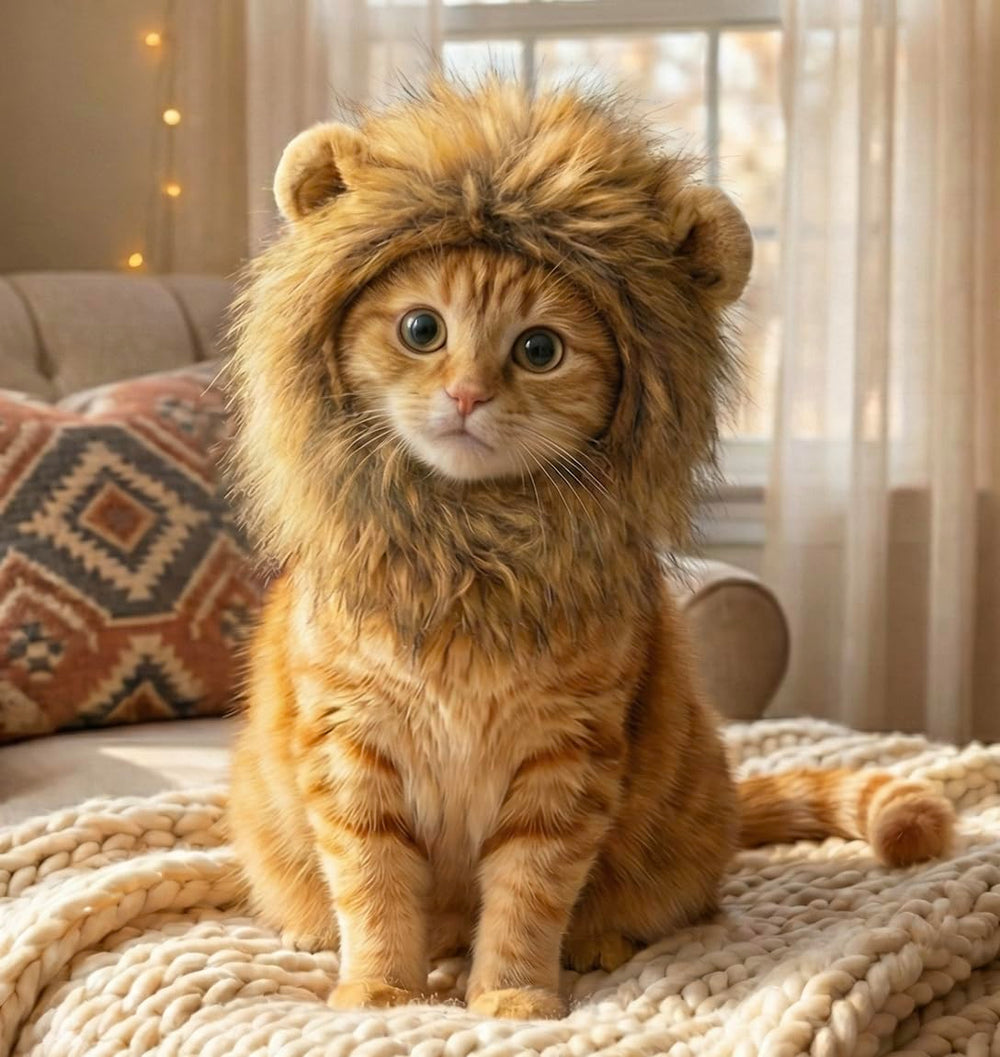 OMG Adorables crinière lion chat avant, look félin audacieux pour photos amusantes.