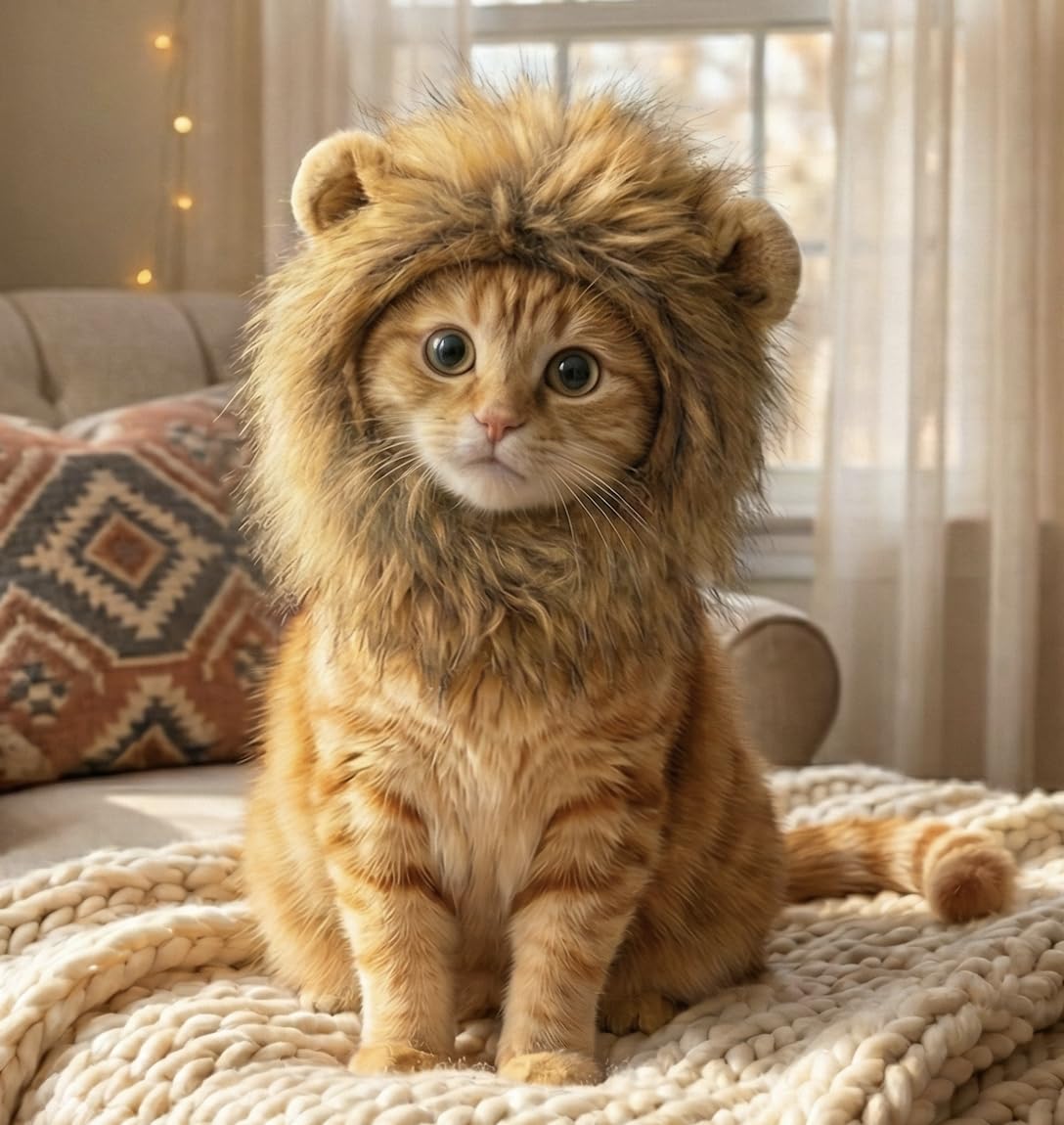 OMG Adorables crinière lion chat avant, look félin audacieux pour photos amusantes.