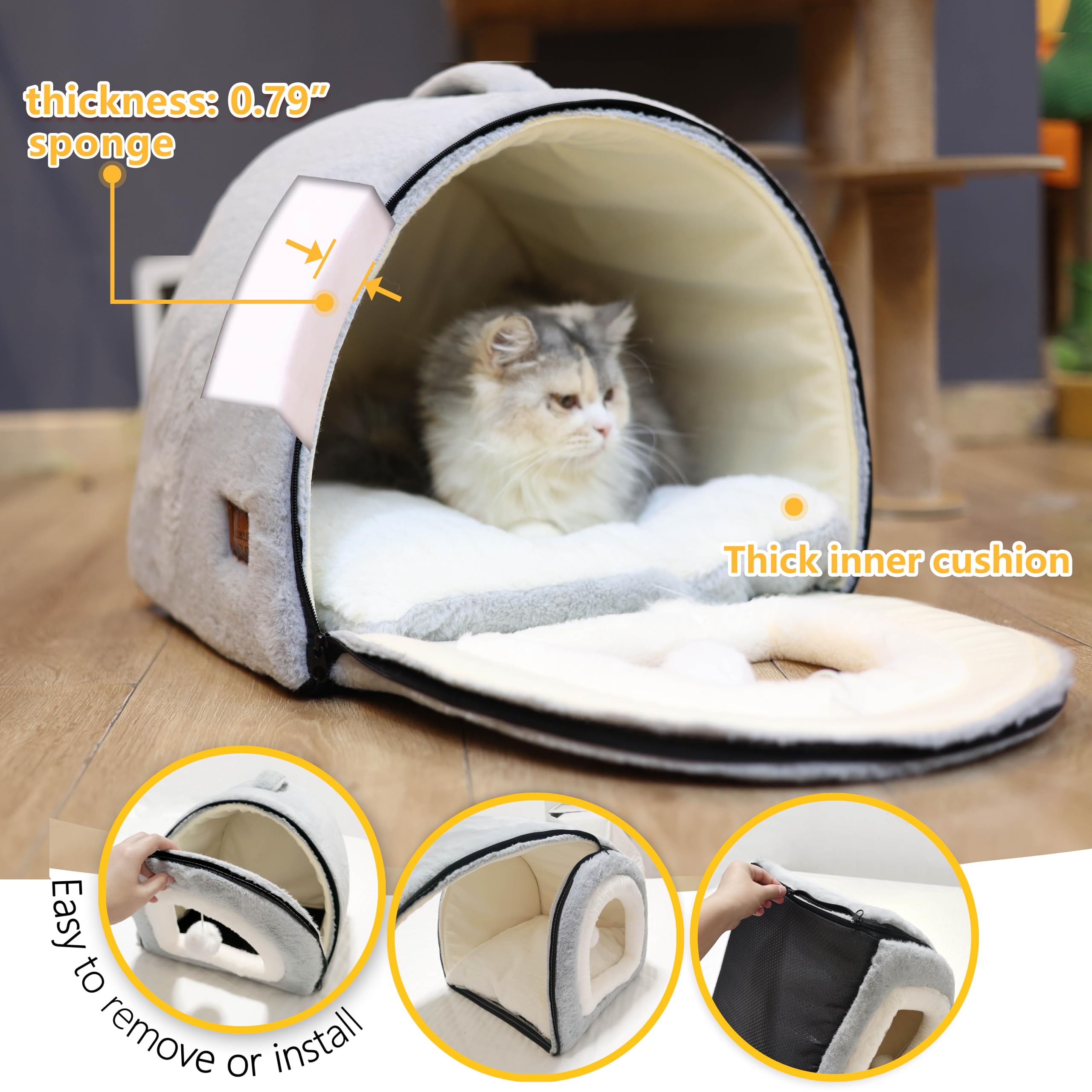 OMIVIER lit pour chat pompons pendus, touche ludique et fun.