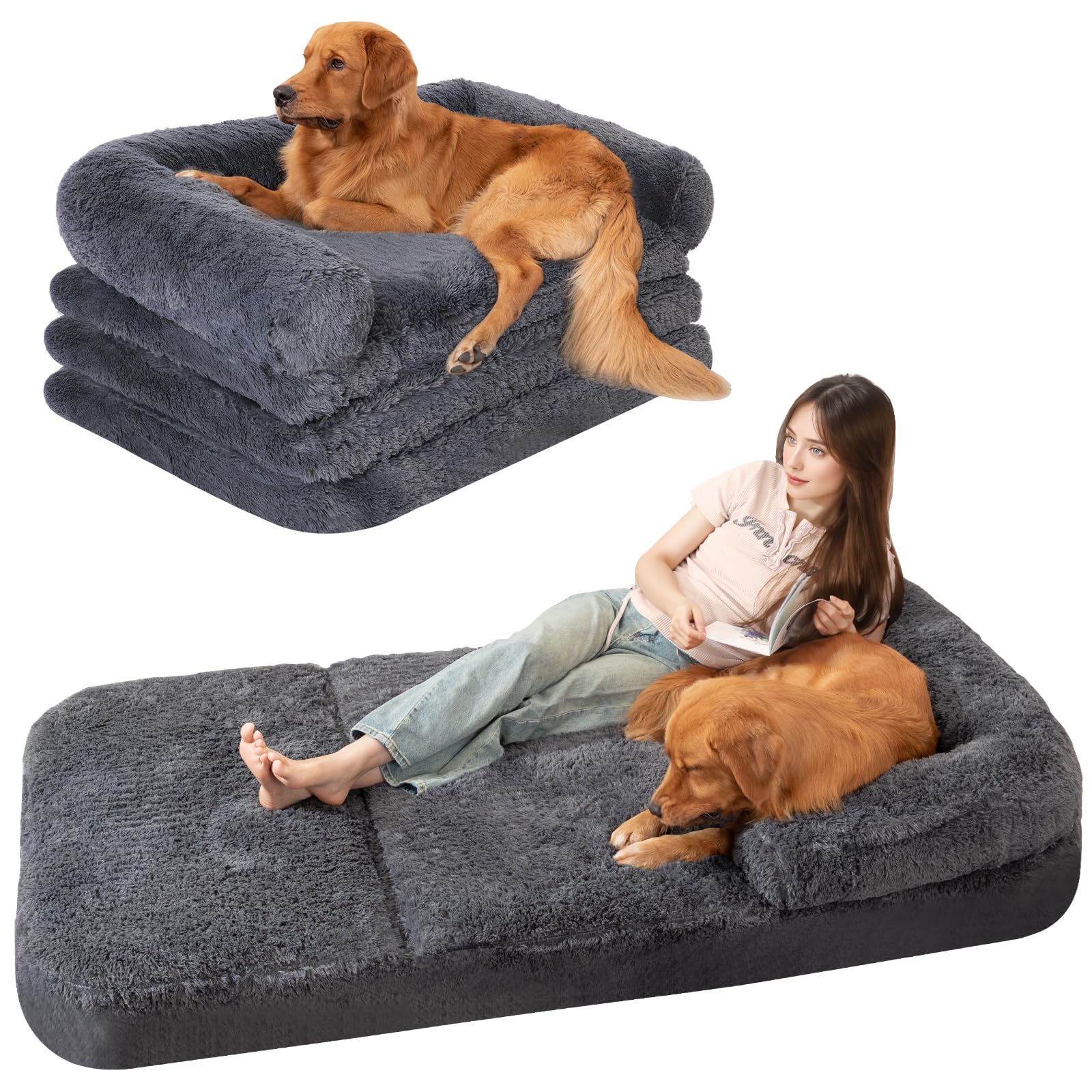 Ondware canapé-lit pliable pour chiens et humains, idéal pour détente partagée et sieste confortable.