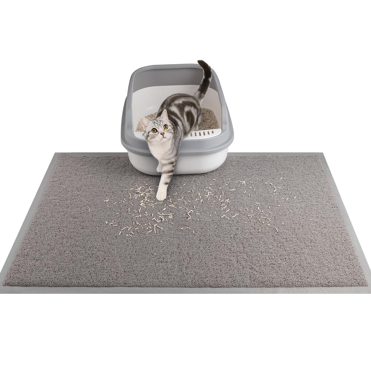 Ondware tapis litière gris, vue avant, grande surface capture les grains.