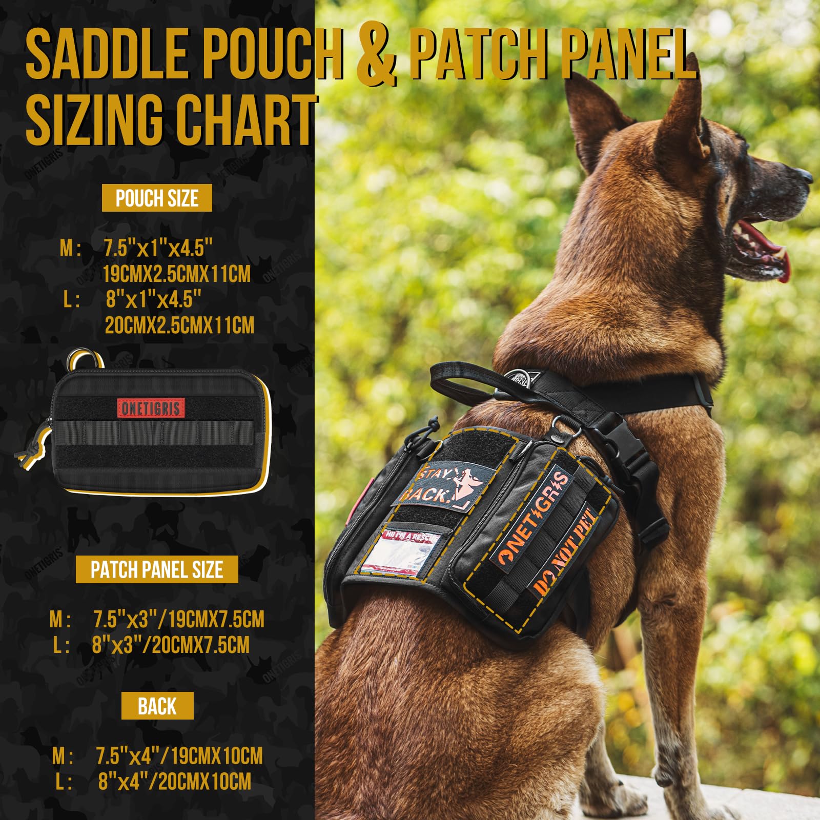OneTigris harnais service chien comporte panneaux patch personnalisables.