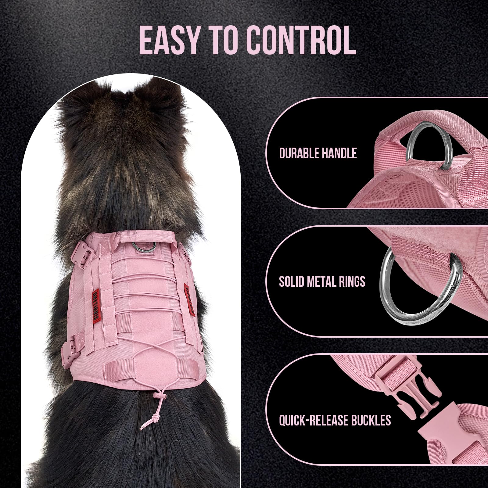 OneTigris Harnais Chien Tactique Rose – poignée supérieure pour un contrôle en sécurité.