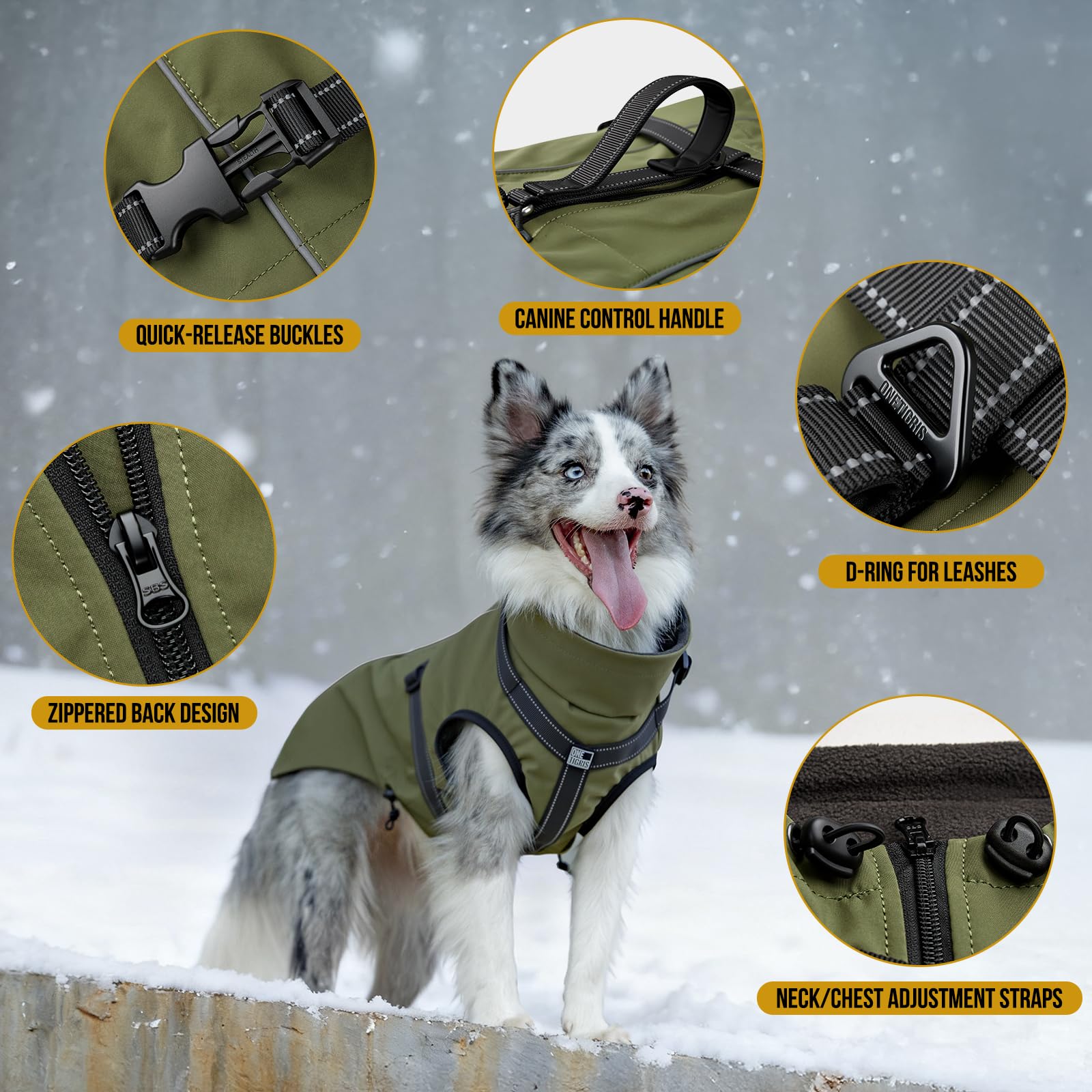 OneTigris manteau chien montre fermeture SBS au dos et ouverture rapide