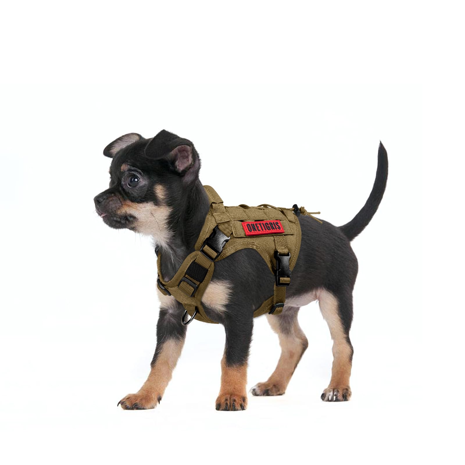 ONETIGRIS harnais chien tactique brun coyote XS vue utilisation-hiking, parfait pour activités en extérieur.