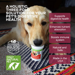 Only Natural Pet Complete Gut Health Complex, mélange prébiotiques pour la flore intestinale équilibrée.