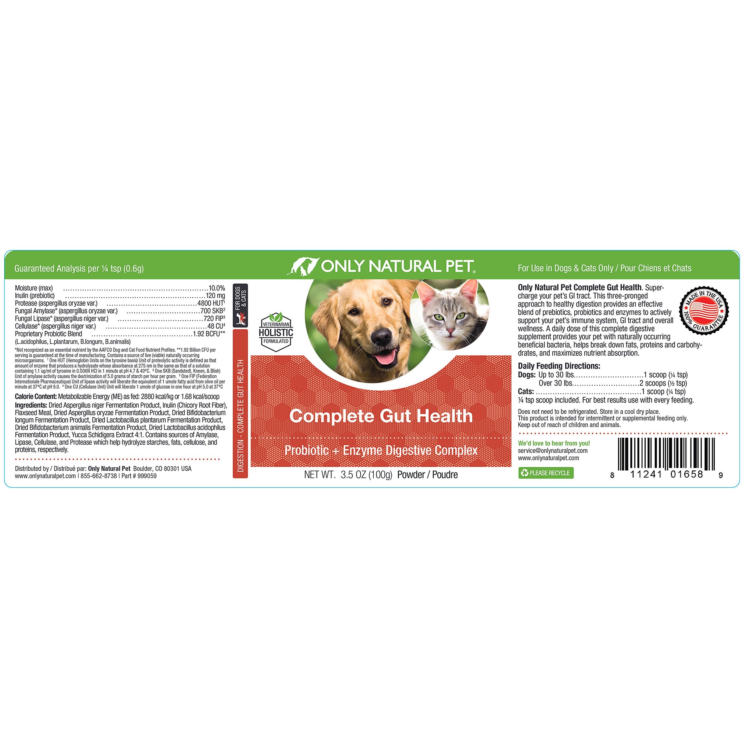 Only Natural Pet Complete Gut Health Complex, produit fabriqué aux États‑Unis et testé en laboratoire.