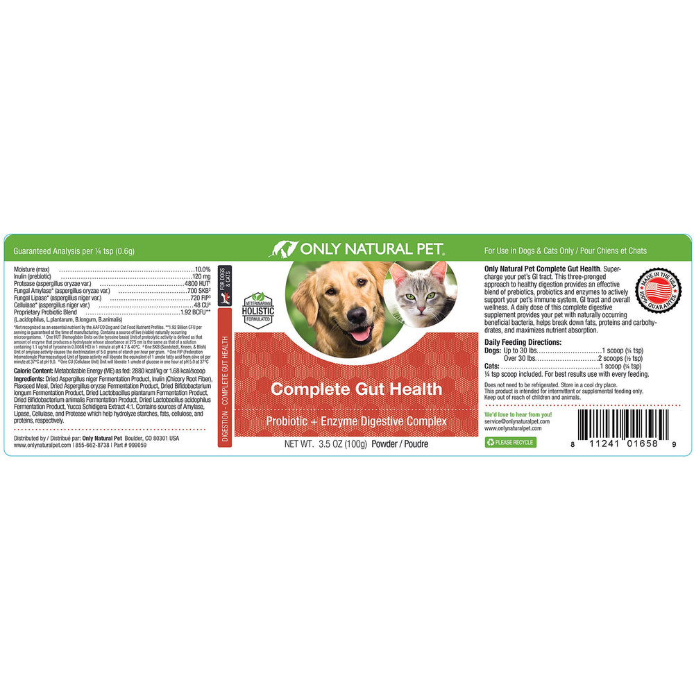 Only Natural Pet Complete Gut Health Complex, produit fabriqué aux États‑Unis et testé en laboratoire.