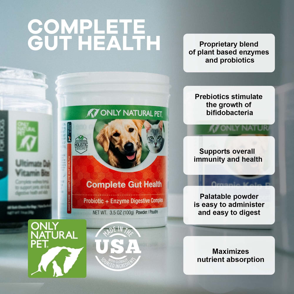 Only Natural Pet Complete Gut Health Complex, poudre facile à saupoudrer sur la nourriture.