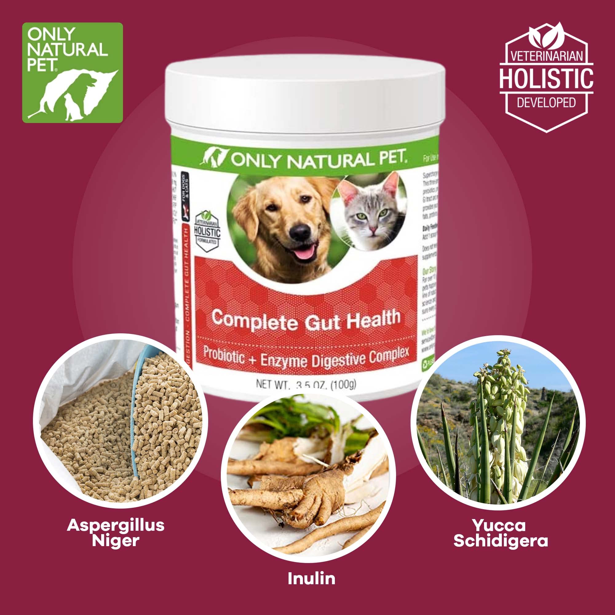 Only Natural Pet Complete Gut Health Complex, probiotiques et enzymes pour chiens et chats.