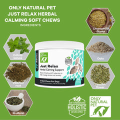 Only Natural Pet Juste Détente - chien qui mâche des friandises bacon, calme pendant les trajets.