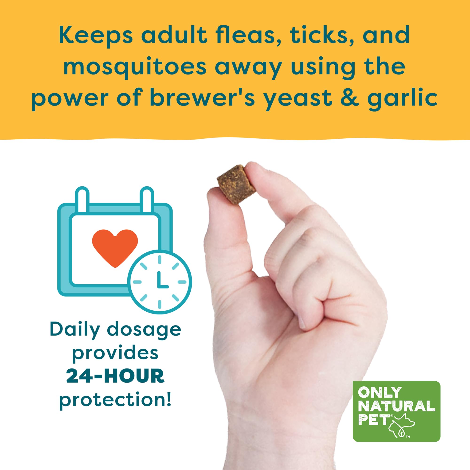 Only Natural Pet EasyDefense Bites, ingrédients naturels incluant ail et levure pour équilibre.