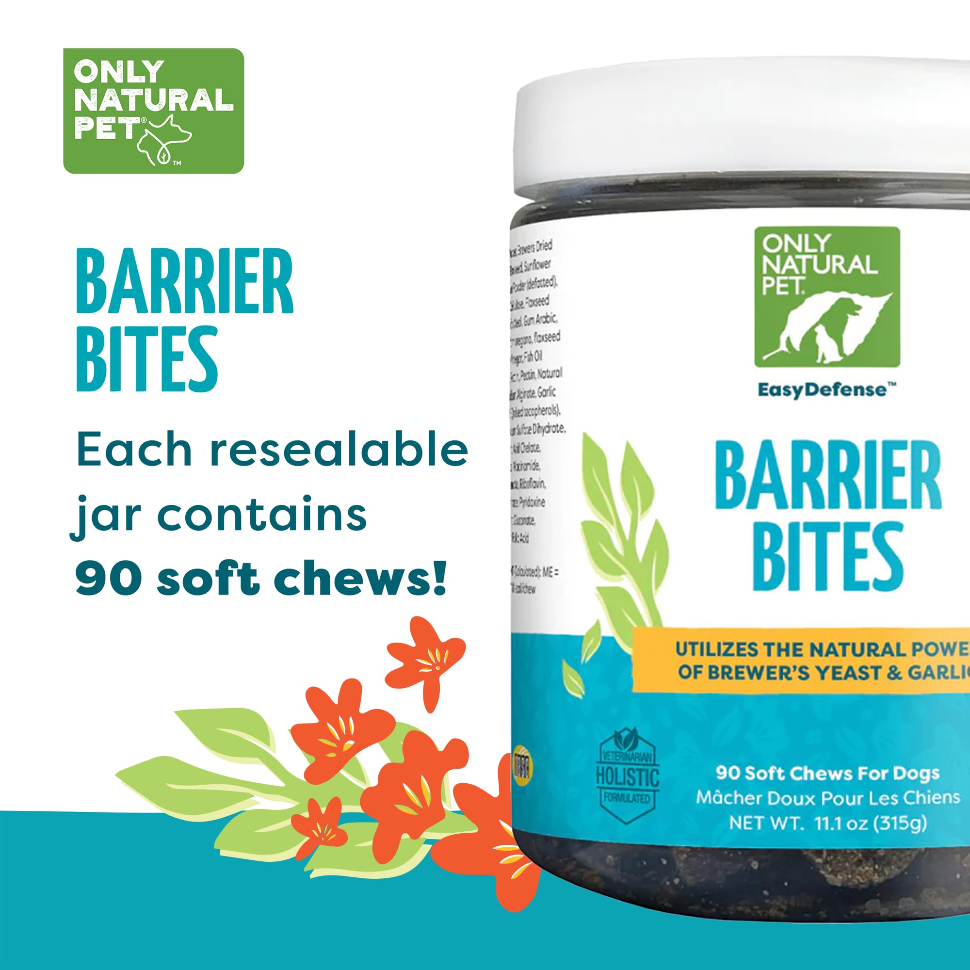 Only Natural Pet EasyDefense Bites, utilisation quotidienne pour prévenir les parasites sans produits chimiques.