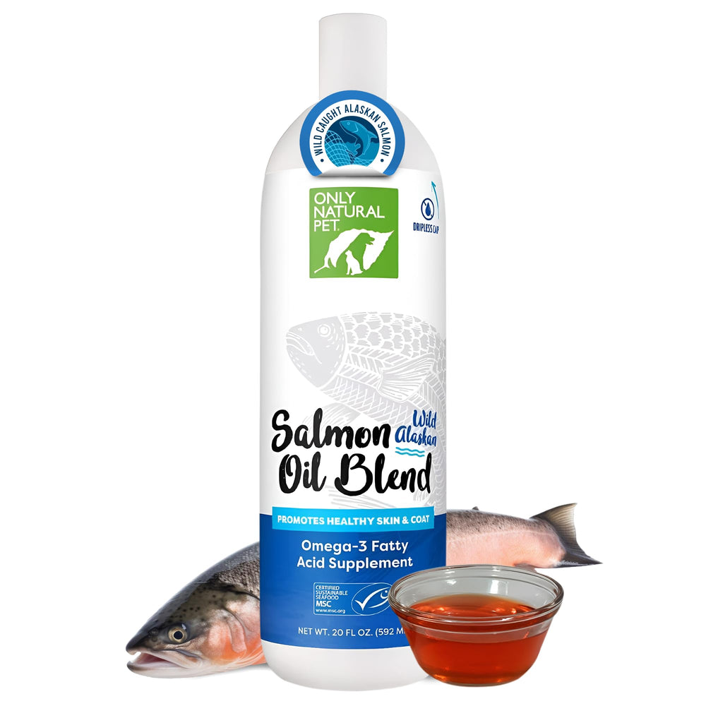 Only Natural Pet huile saumon alaskien — bouteille 20oz, bénéfice possible pour peau et cœur.