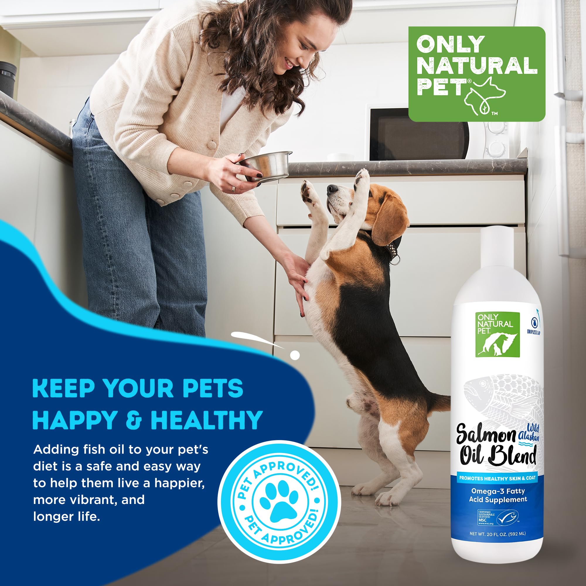 Only Natural Pet huile saumon alaskien, focus peau et pelage sains pour chiens et chats.