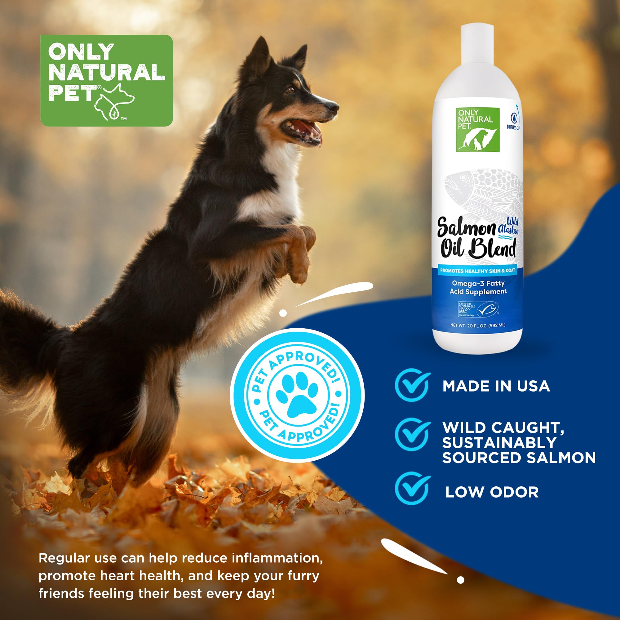 Only Natural Pet huile saumon alaskien, soutien potentiellement la santé cardiaque des animaux de compagnie.