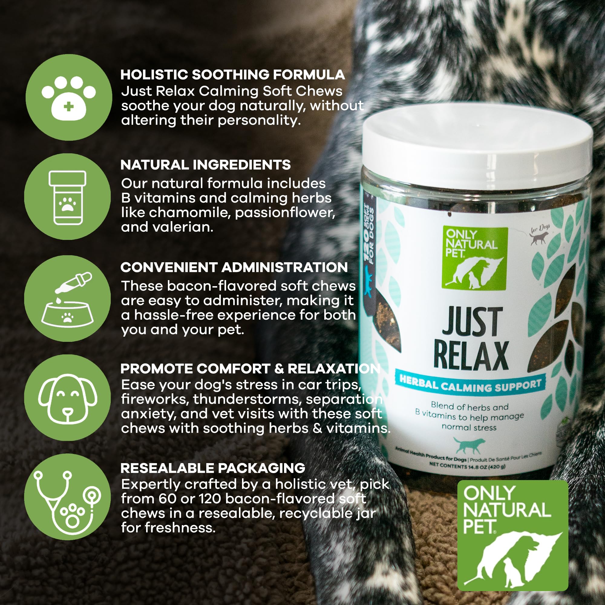 Ingrédients camomille et passiflore dans Just Relax pour chiens et chats.
