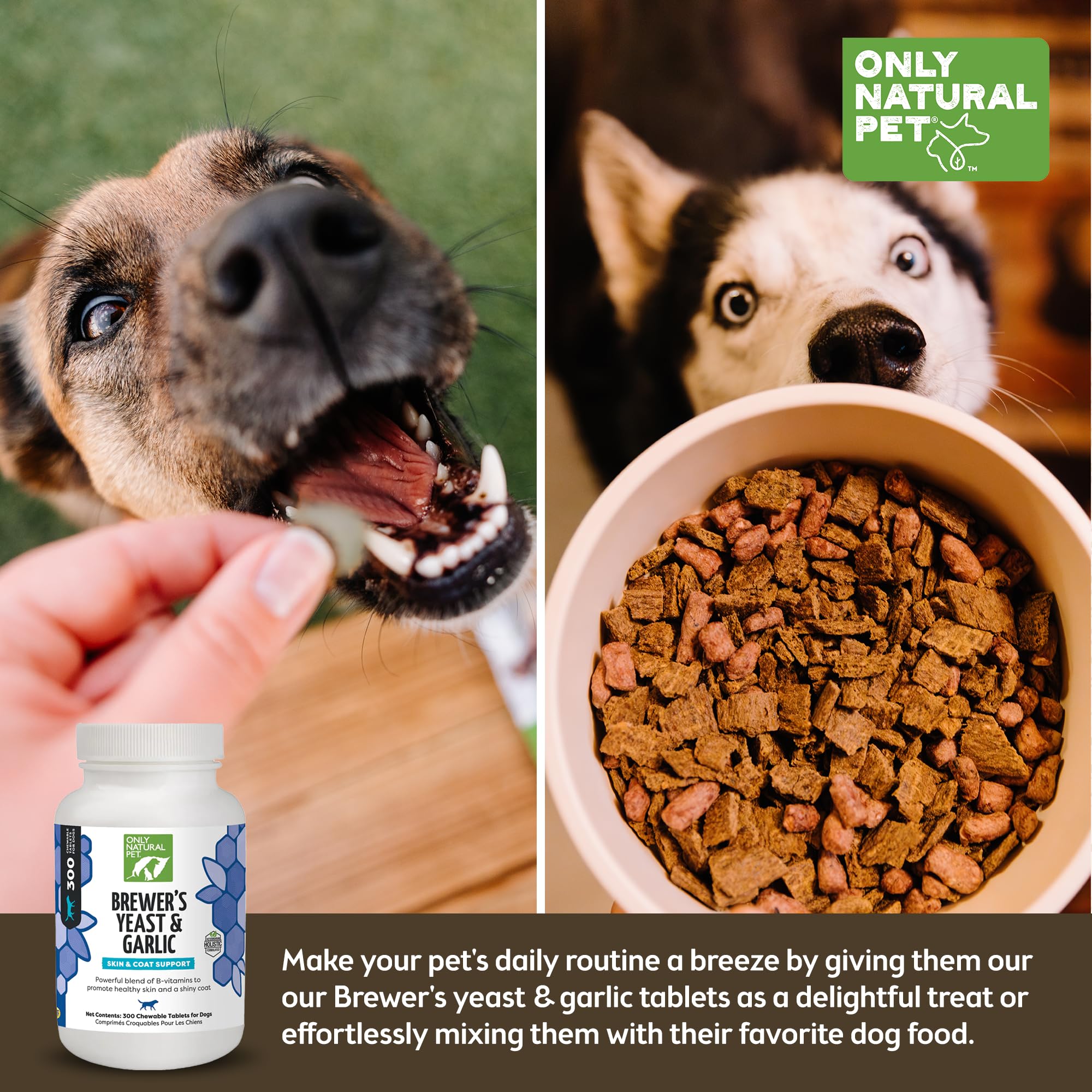 Only Natural Pet comprimés levure bière ail soutient routine peau et pelage.