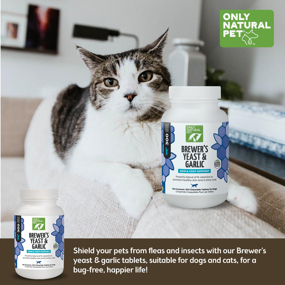 Only Natural Pet comprimés levure bière ail, formule sûre pour usage quotidien.
