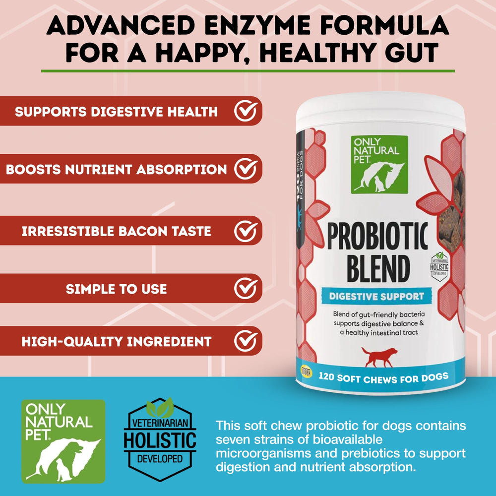 Only Natural Pet Probiotique — gommes bacon, soutien digestif pour animaux domestiques.