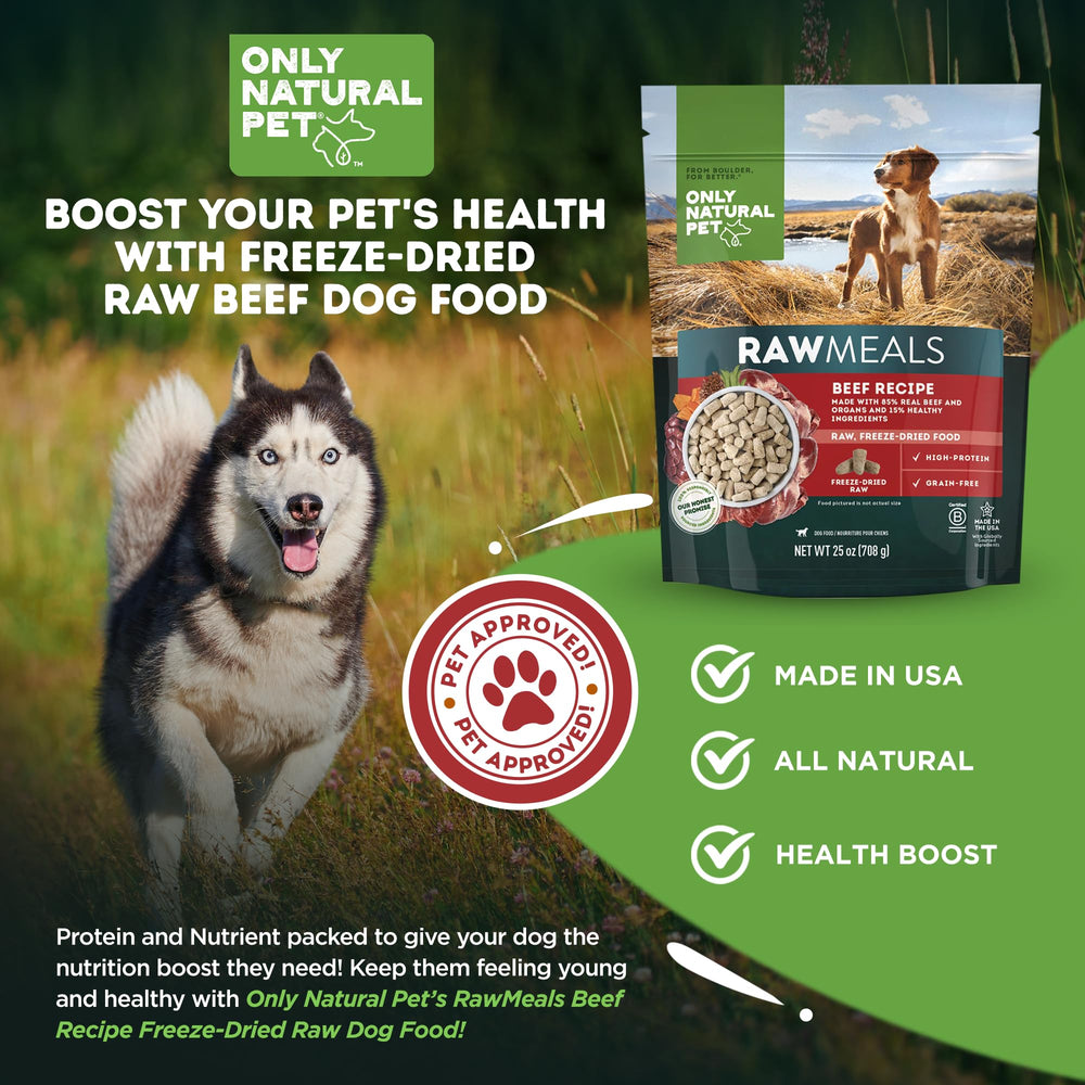Only Natural Pet RawMeals boeuf emballage 25 oz, emballage pratique et stockage facile.