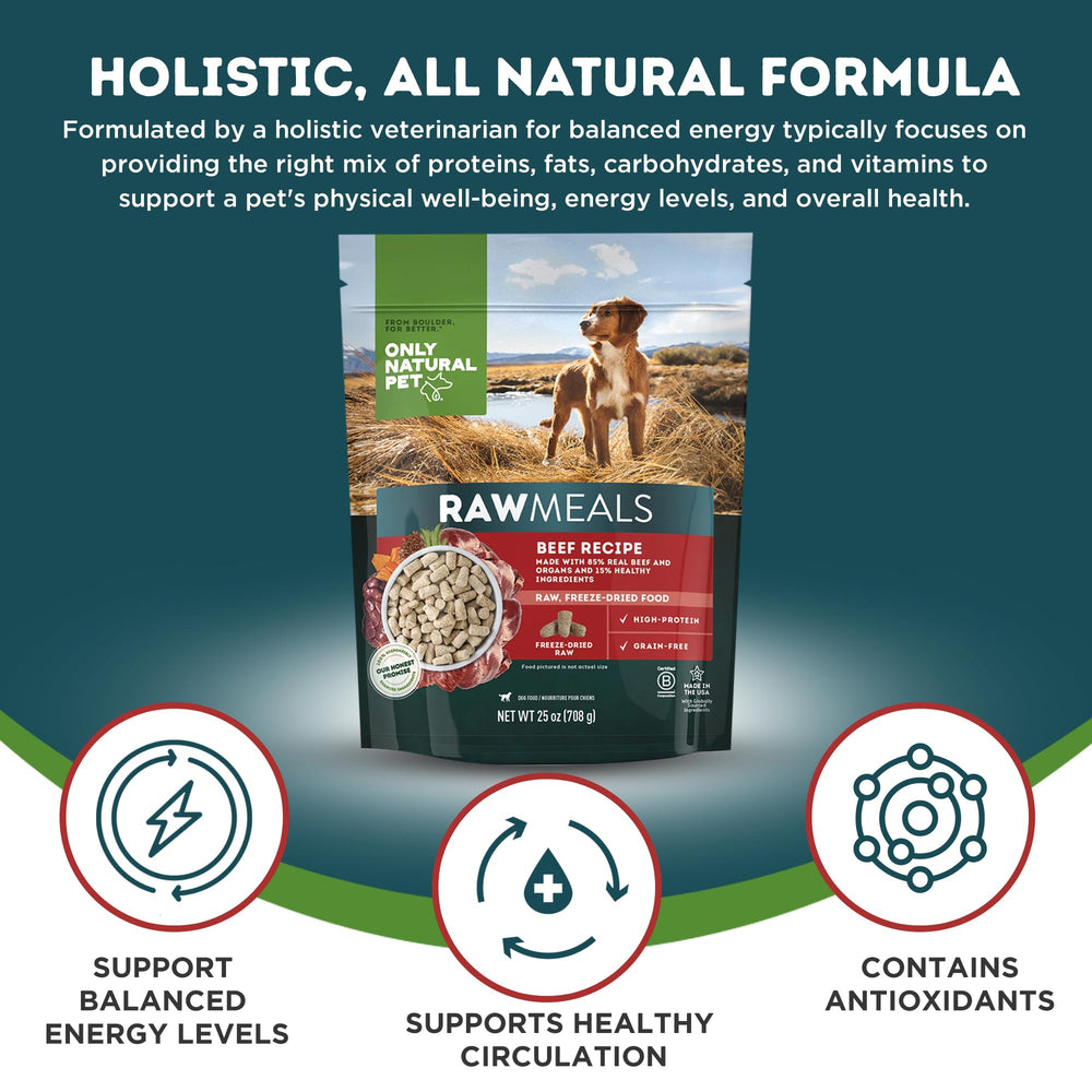 Only Natural Pet RawMeals boeuf proteine elevee, soutien potentiel pour chiens actifs.