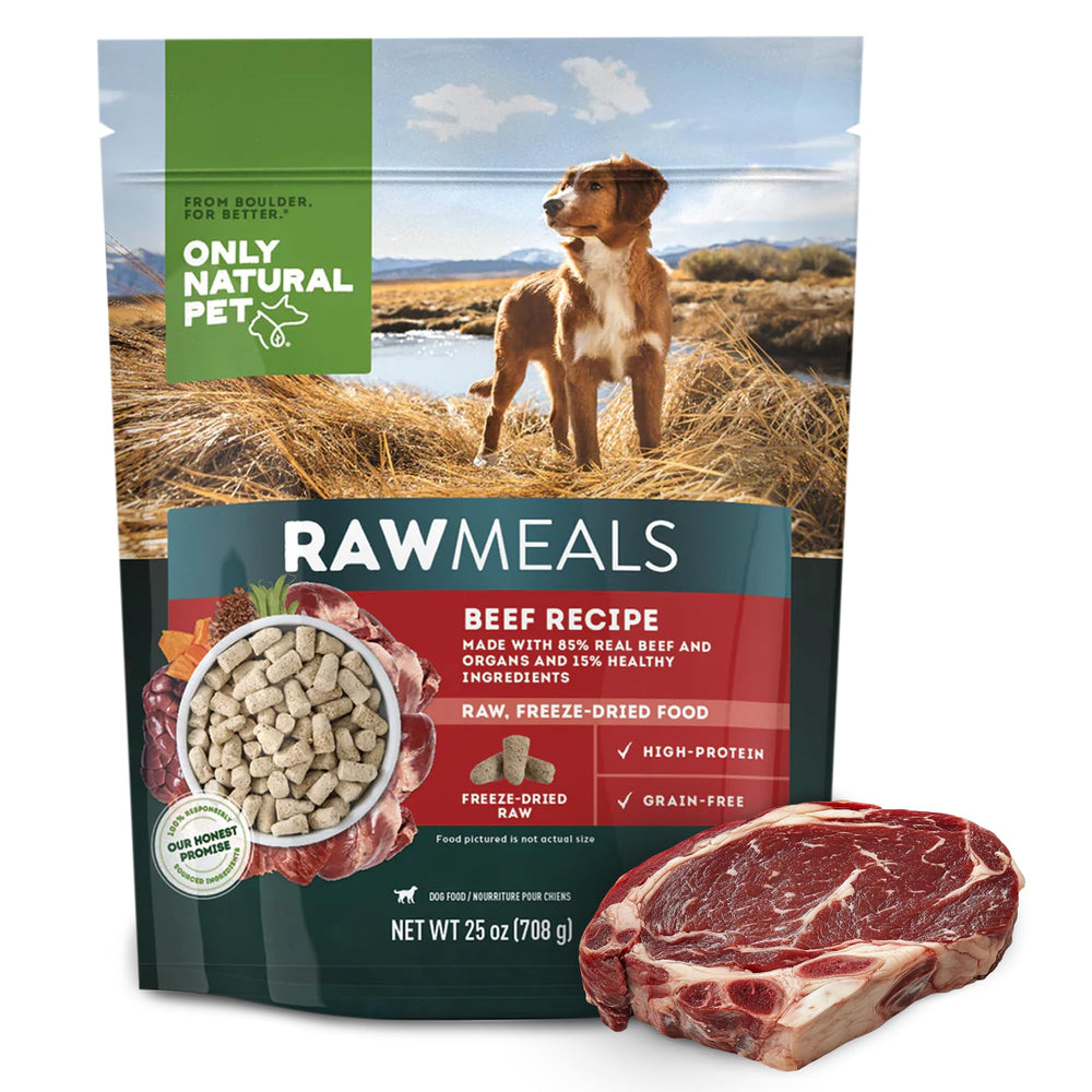Only Natural Pet RawMeals boeuf recette, sachet 25 oz, repas pratique et équilibré pour tous les chiens.