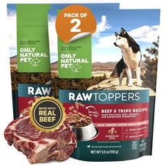 Only Natural Pet Toppers boeuf et tripe séchés dans bol pour chien, appétit stimulant