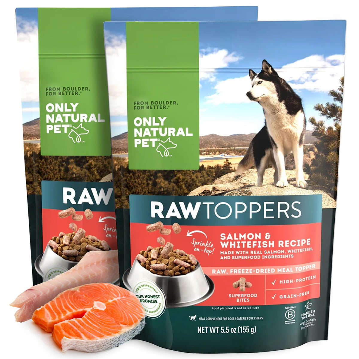 Topper cru Only Natural Pet saumon et poisson blanc en emballage, prêt à nourrir votre chien.