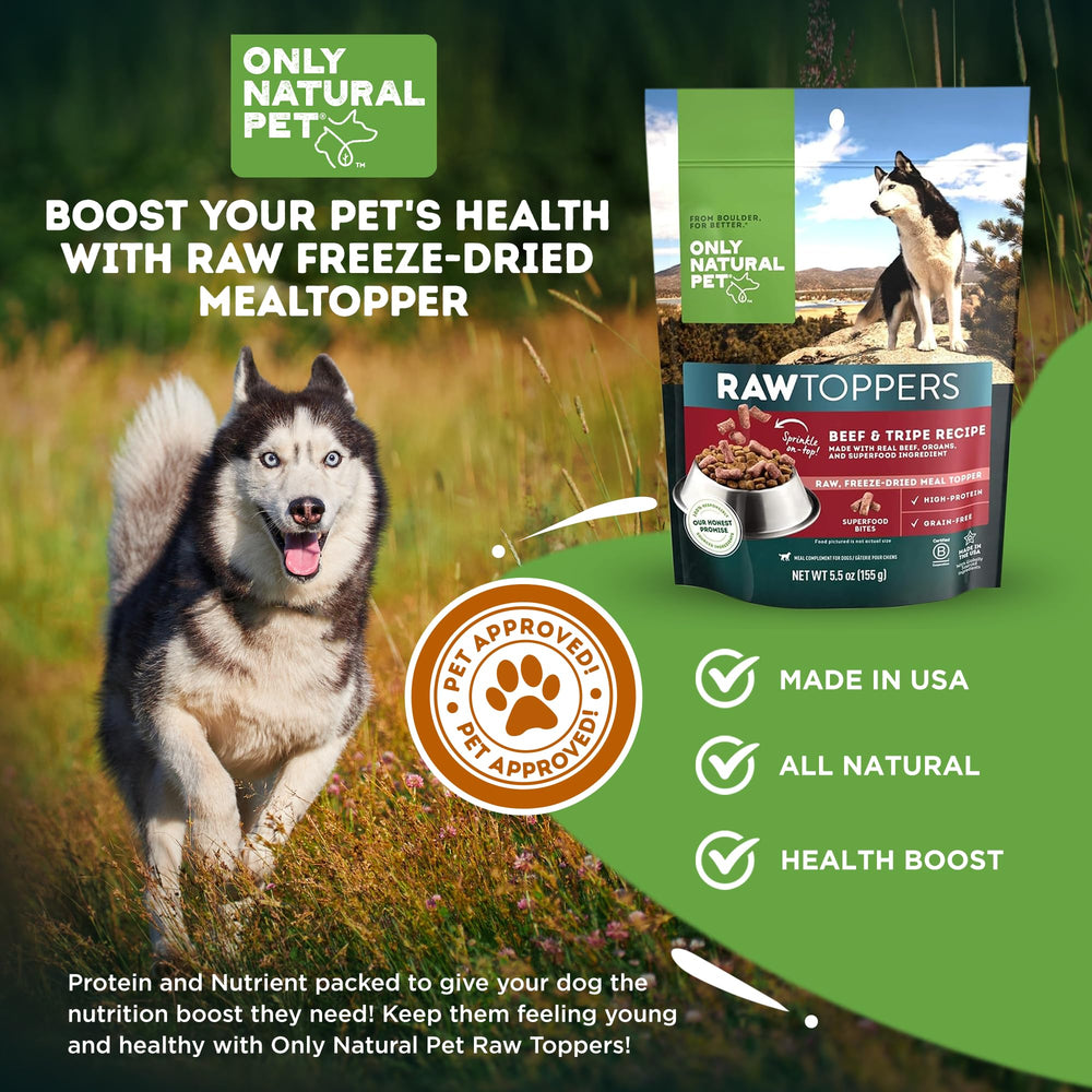 Only Natural Pet Toppers facile à ajouter quotidiennement sur croquettes ou nourriture humide