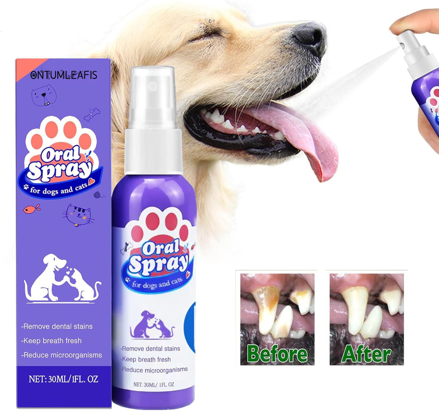 OntumLeafis: solution anti-taches dentaires pour chats et chiens visibles.