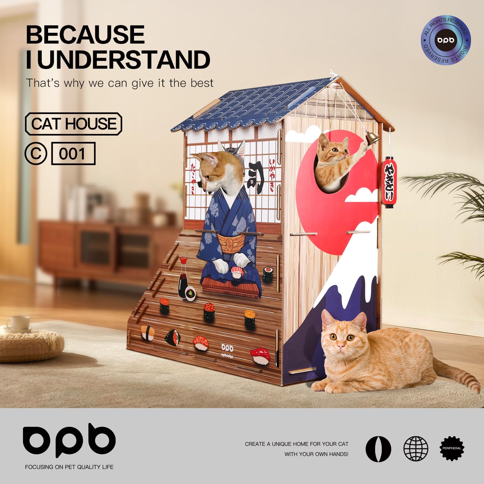 opbodqo-maison-chat-carton-structure-robuste-4-5mm matière durable prête pour un usage quotidien.