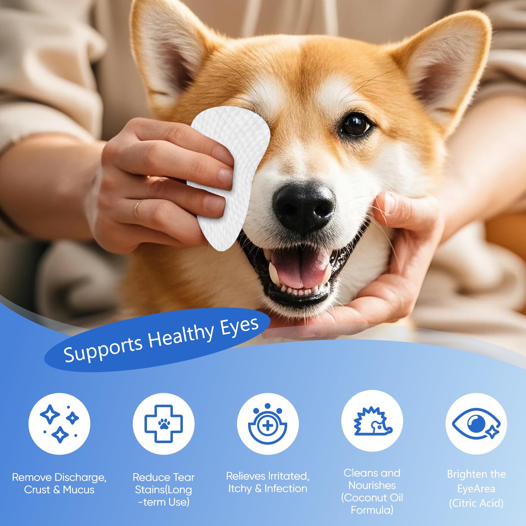 Lingettes Opdent yeux chien-chat: fibres biodégradables et soin délicat du pelage.