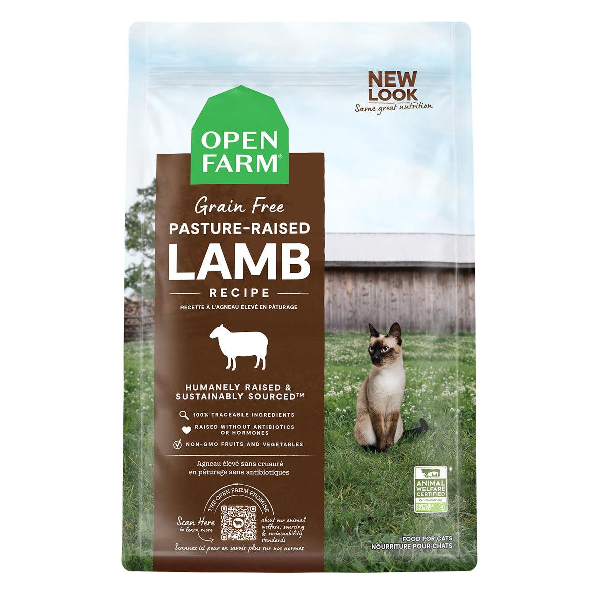 Open Farm agneau pâturé – sachet alimentaire pour chat, traçabilité garantie.