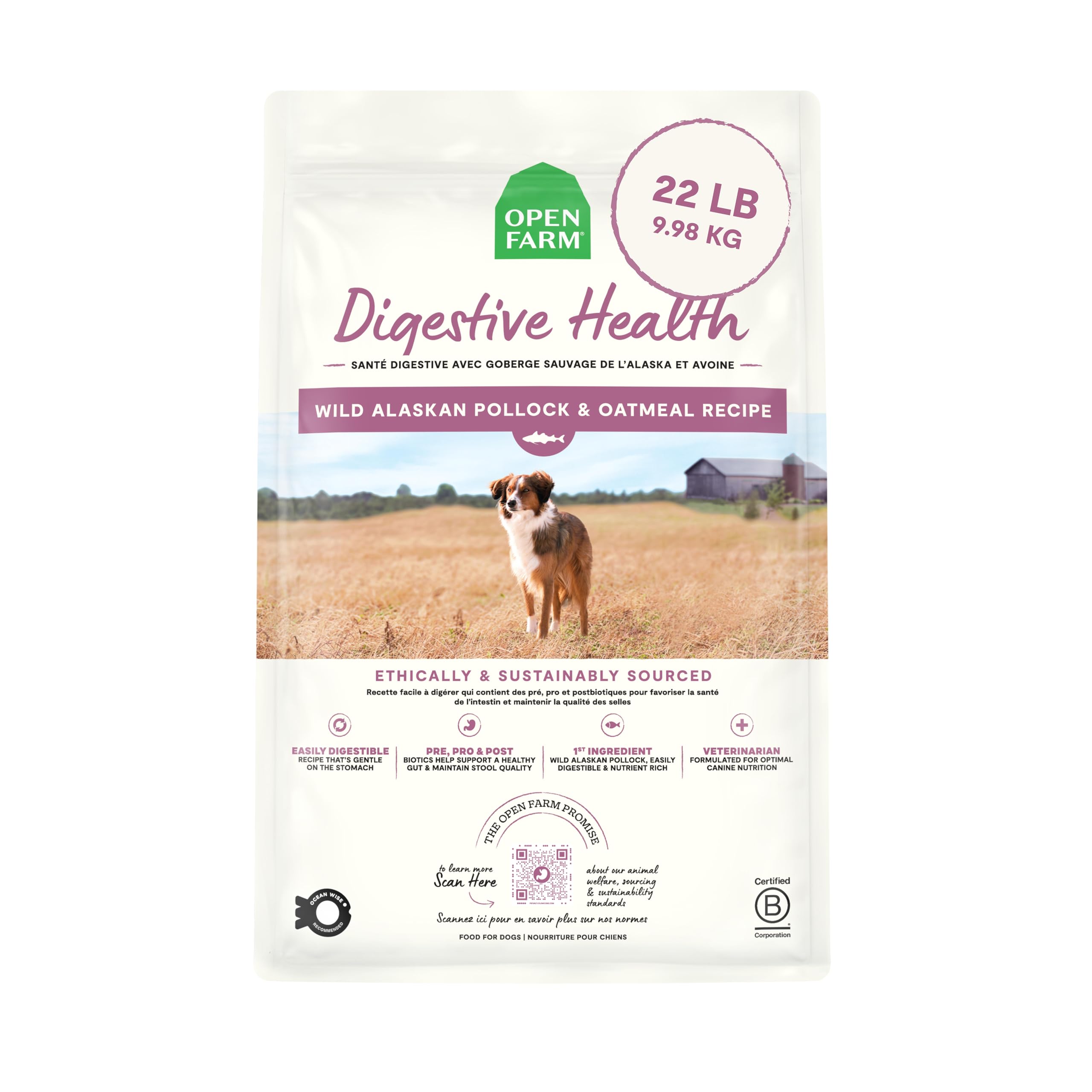 Open Farm Alimentation Chien Santé Digestive sac 22 lb, emballage visible.