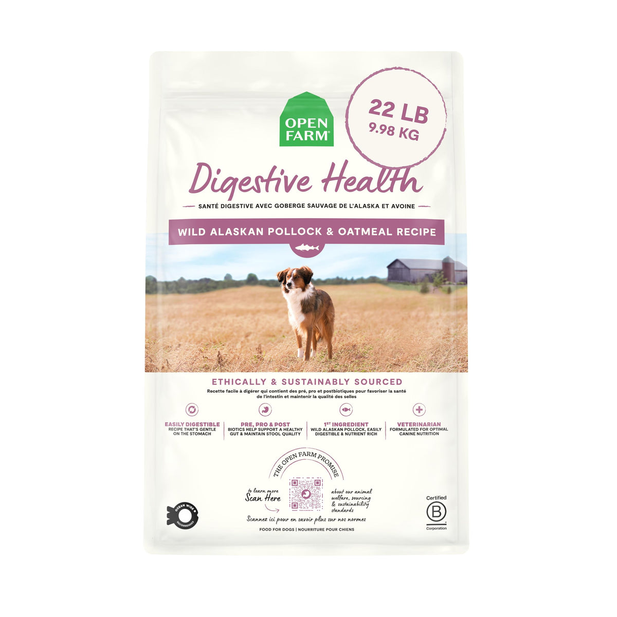 Open Farm Alimentation Chien Santé Digestive sac 22 lb, emballage visible.