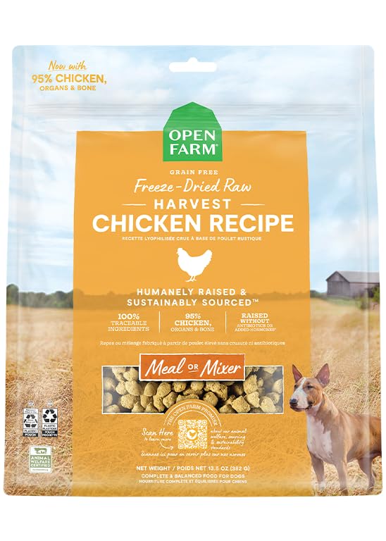 Open Farm bouchées poulet lyophilisées, texture croustillante idéale pour un repas complet.