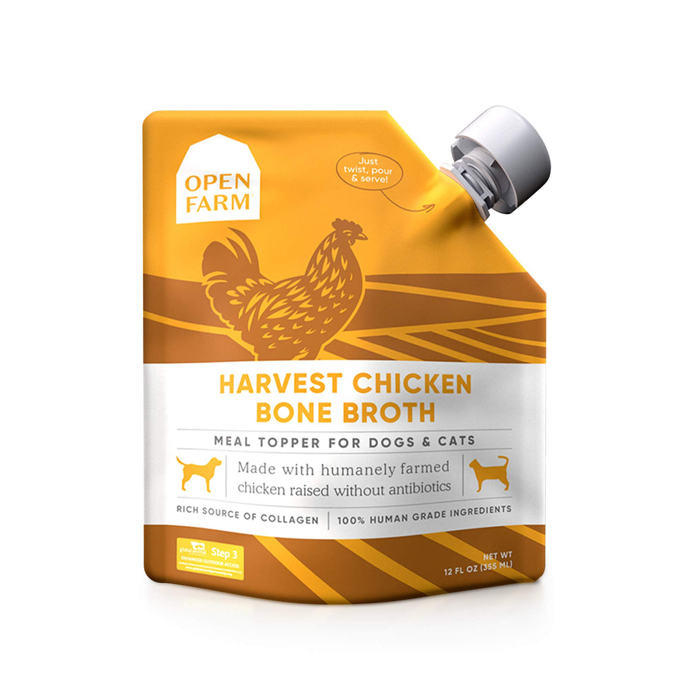 Open Farm bouillon d'os poulet – bouteille visible, hydratation gourmande pour repas.